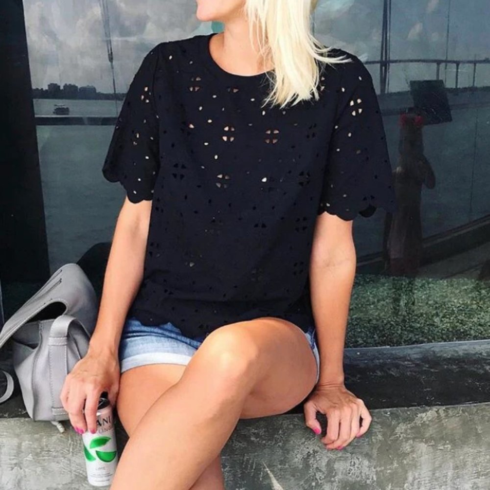 Who What Wear Black Eyelet Embroidered Top Blouse